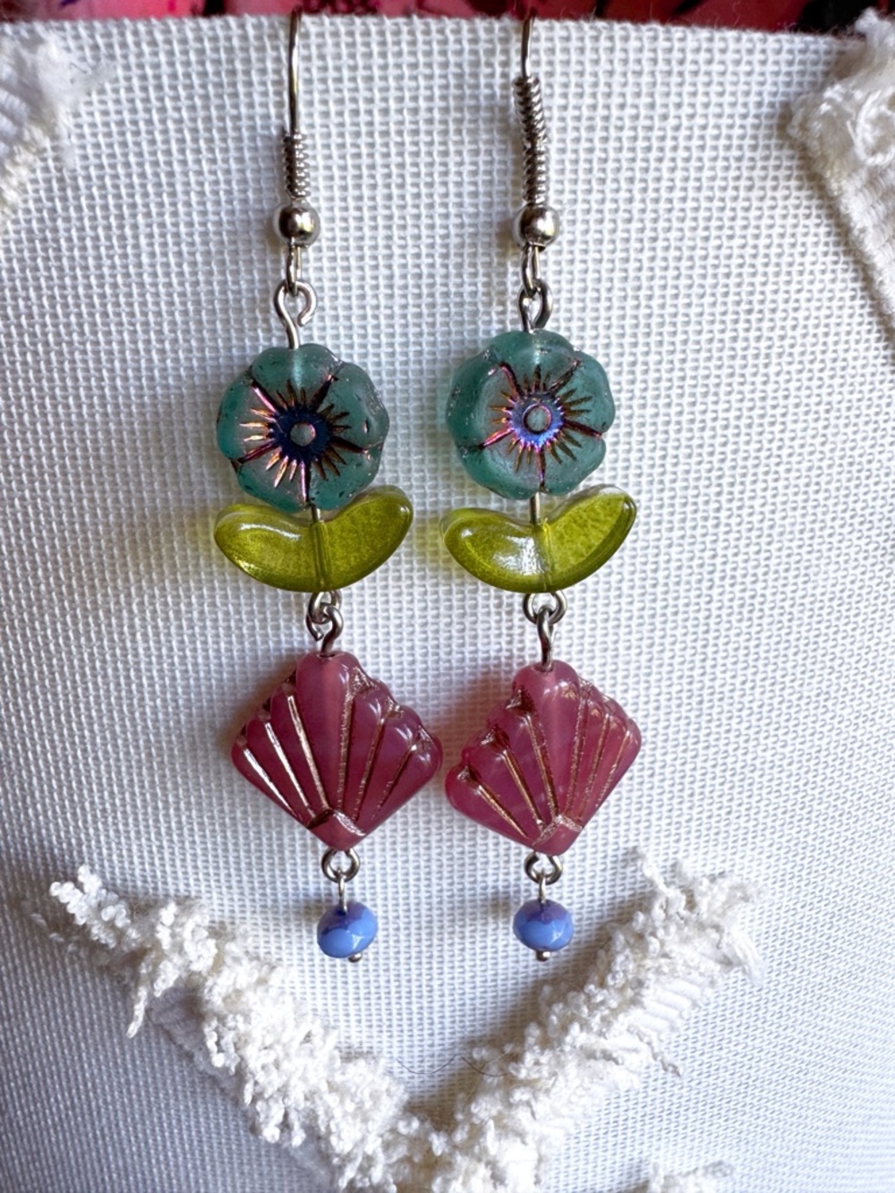Colorful Floral Drop Earrings in Pink, Teal & Green